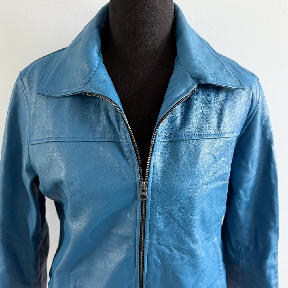 Evil Kristen Bouchard Blue Leather Retro Rainbow Aviator Jacket L/XL - Picture 8 of 16